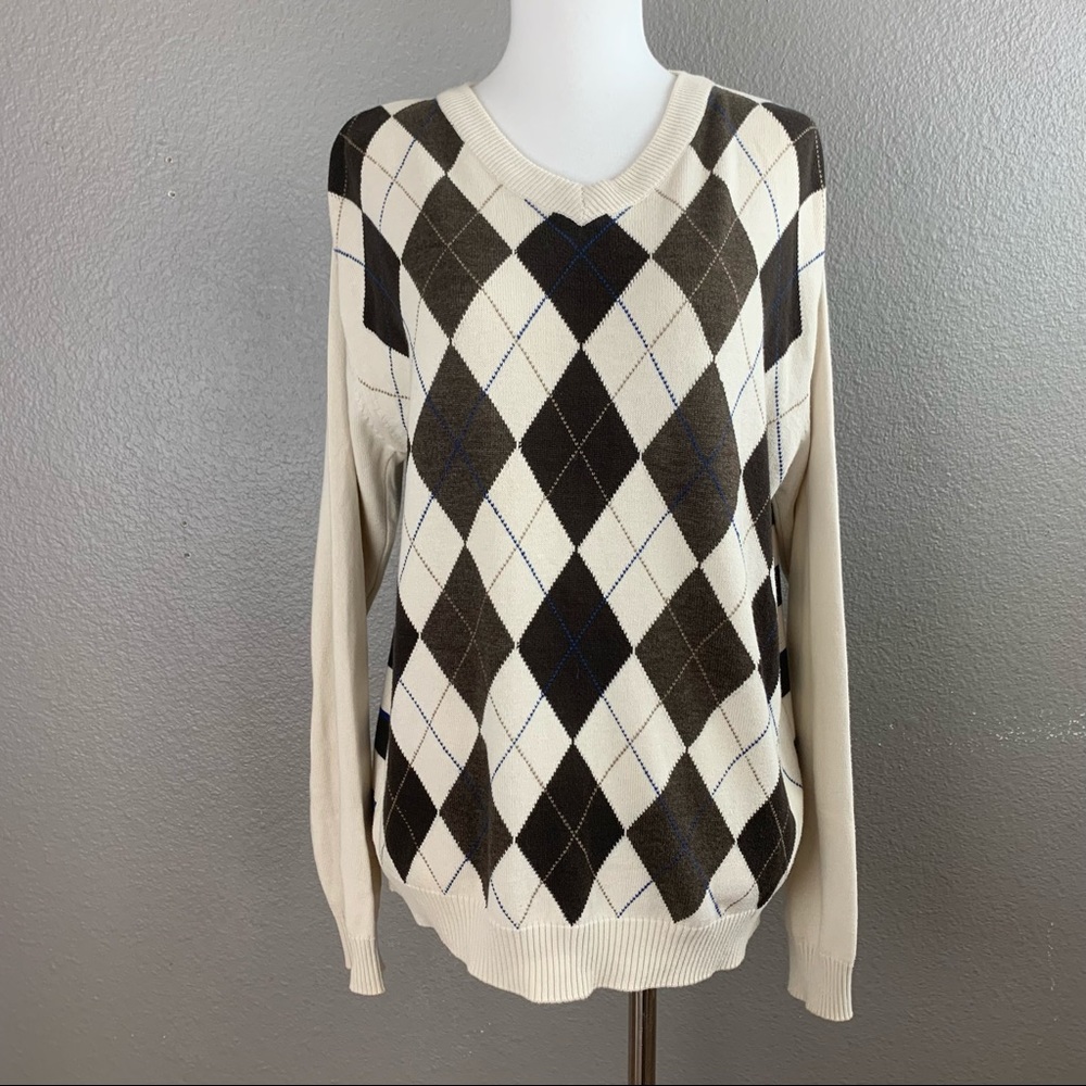 Cream brown and blue argyle and striped sweater